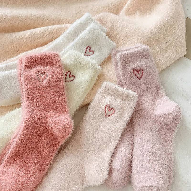 Heart Embroidery Fuzzy Plush Socks