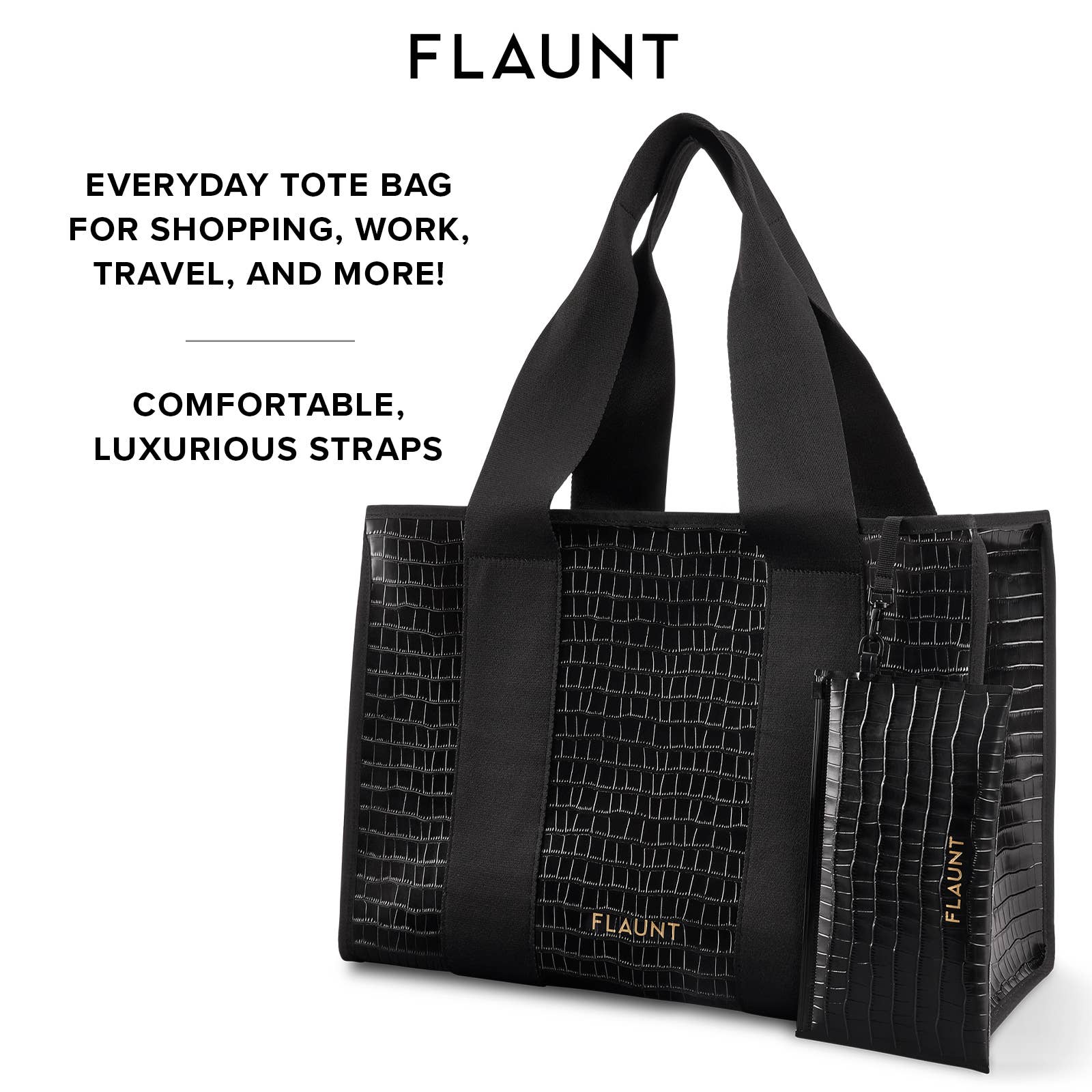 Black Crocodile Leather Everyday Tote Bag with Pouch