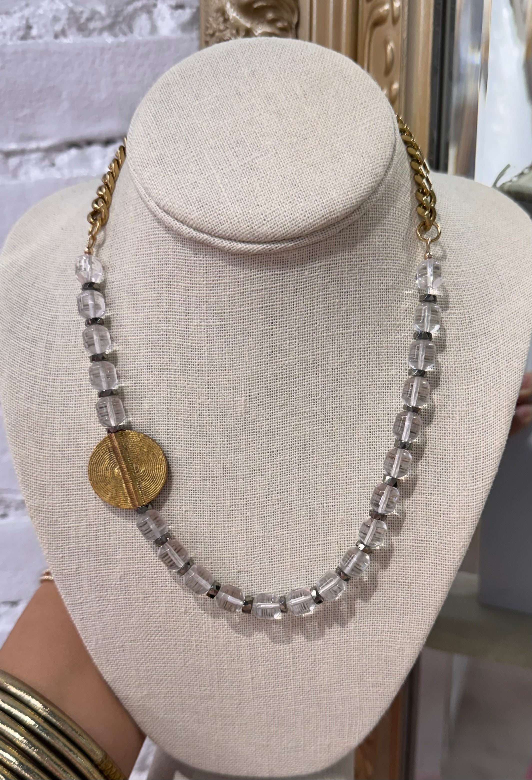 Rock Quartz & Brass Medallion Necklace