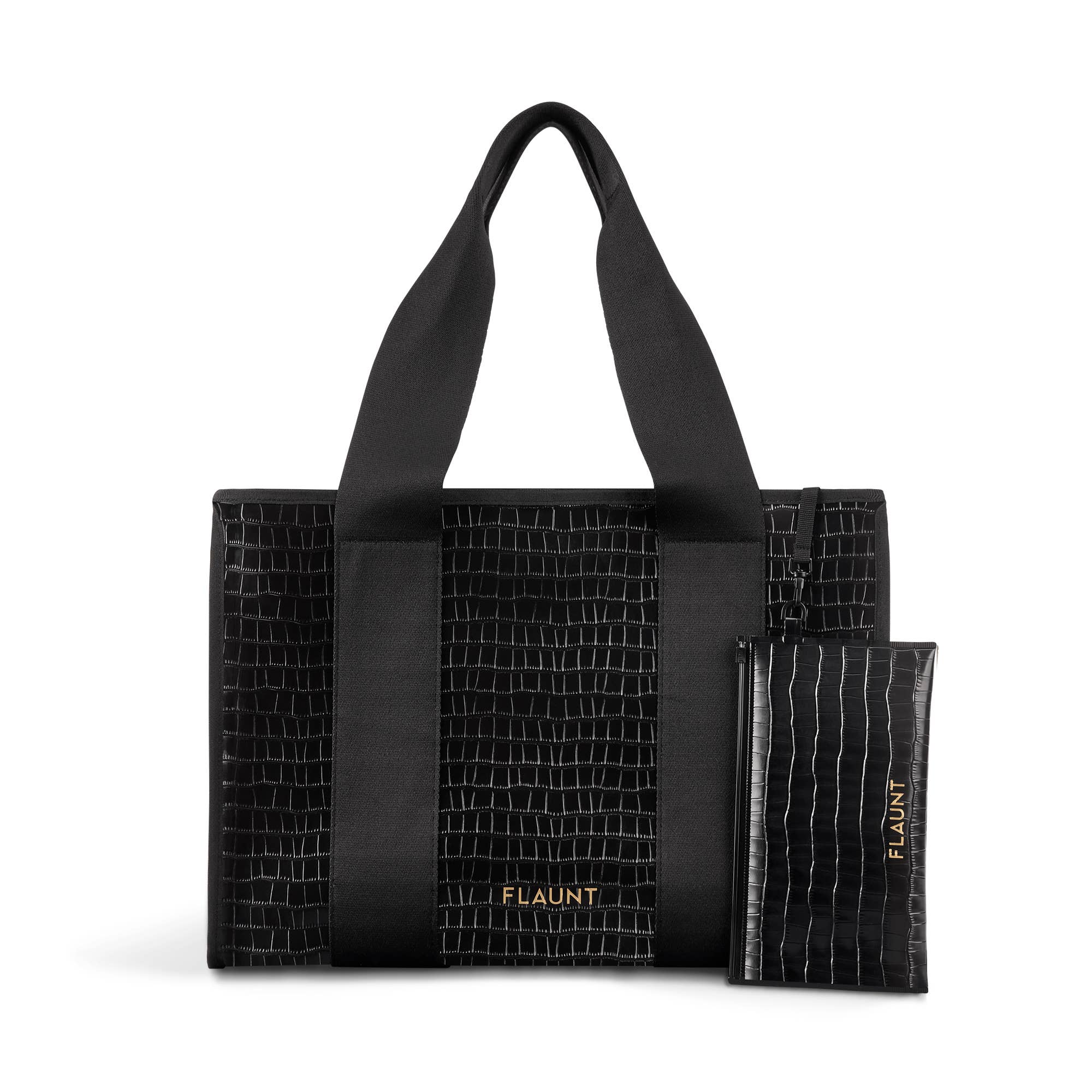 Black Crocodile Leather Everyday Tote Bag with Pouch