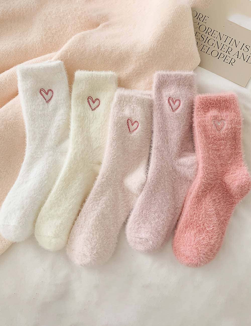 Heart Embroidery Fuzzy Plush Socks