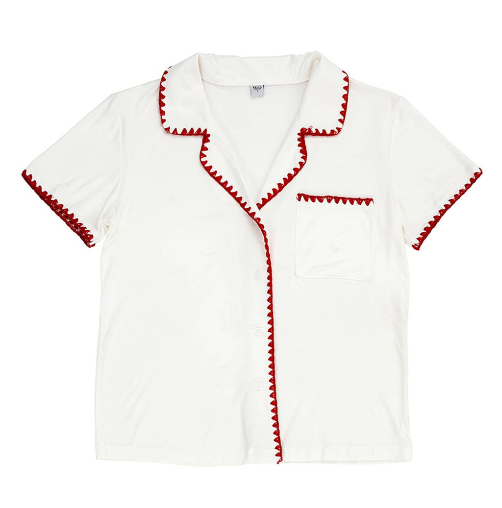 Short Bamboo PJ Set - White + Burgundy Whip Stitch