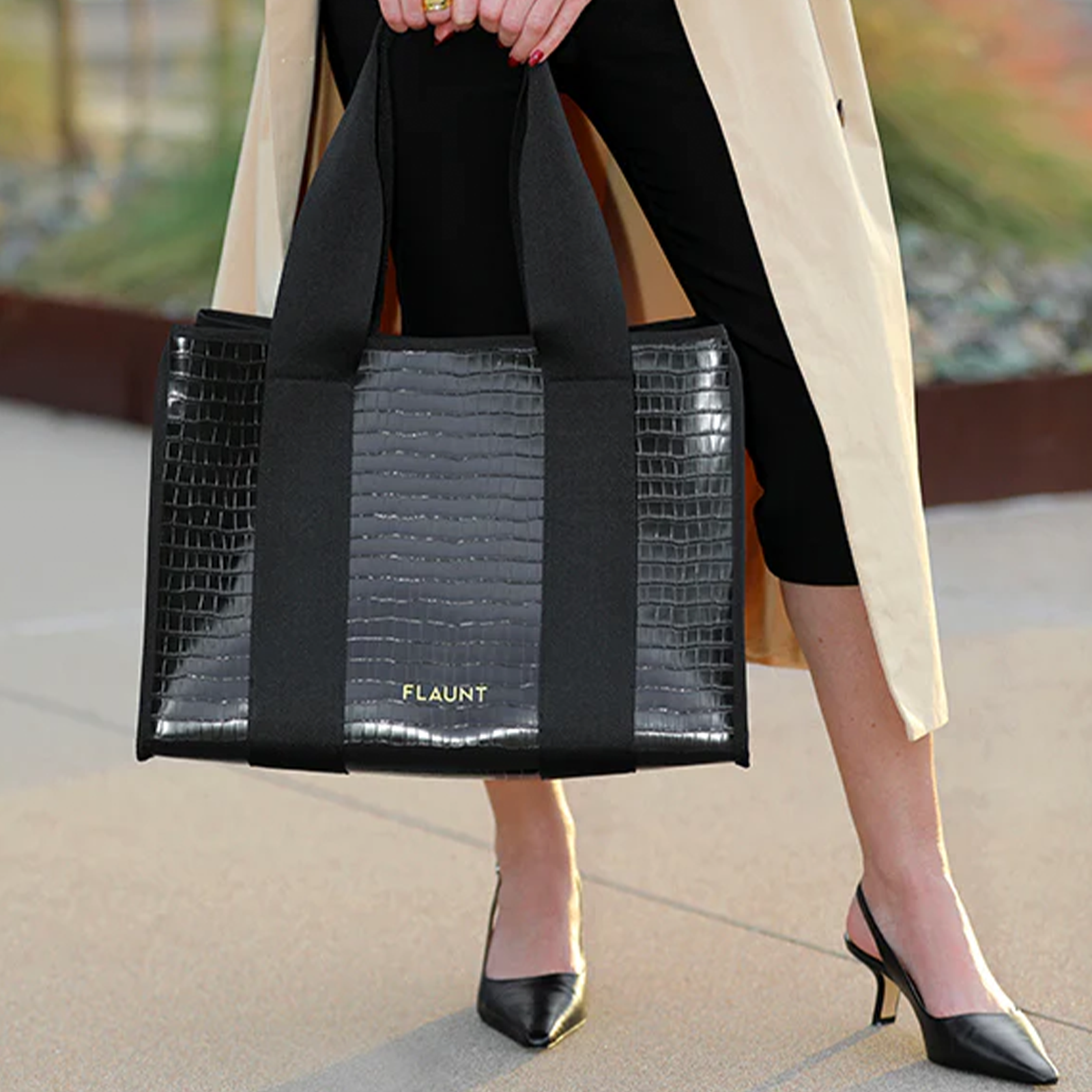 Black Crocodile Leather Everyday Tote Bag with Pouch