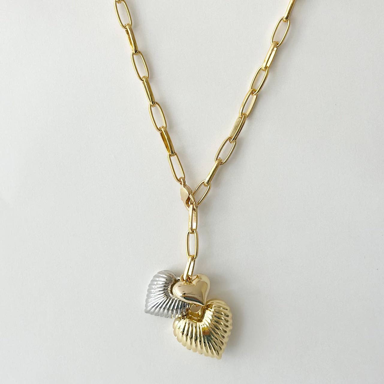 Puffy Hearts Necklace, Mixed Metal