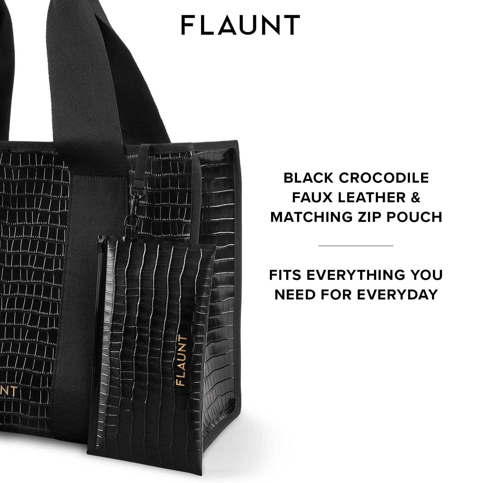 Black Crocodile Leather Everyday Tote Bag with Pouch