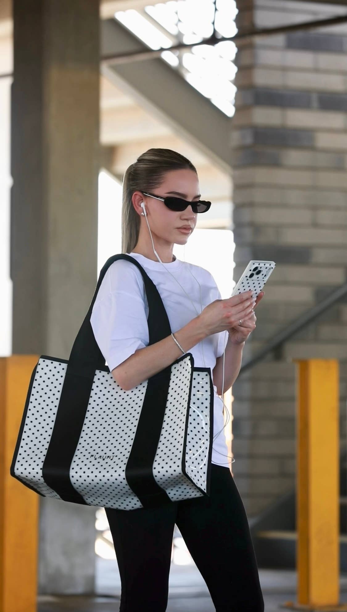 White Polka Dot Everyday Tote Bag with Pouch