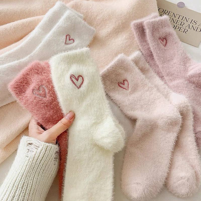 Heart Embroidery Fuzzy Plush Socks