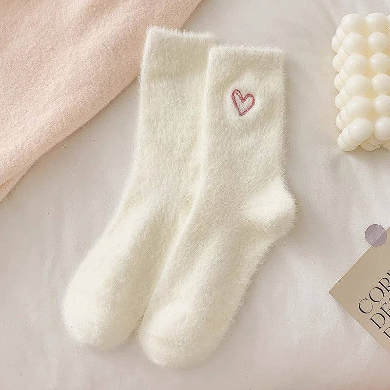 Heart Embroidery Fuzzy Plush Socks