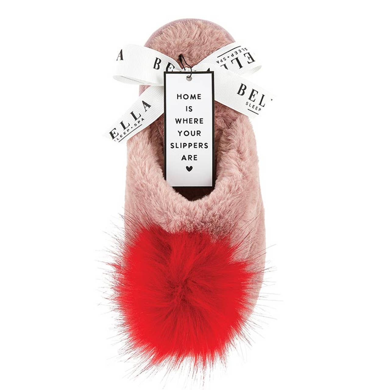 Plush Slippers - Blush with Red Pom Pom