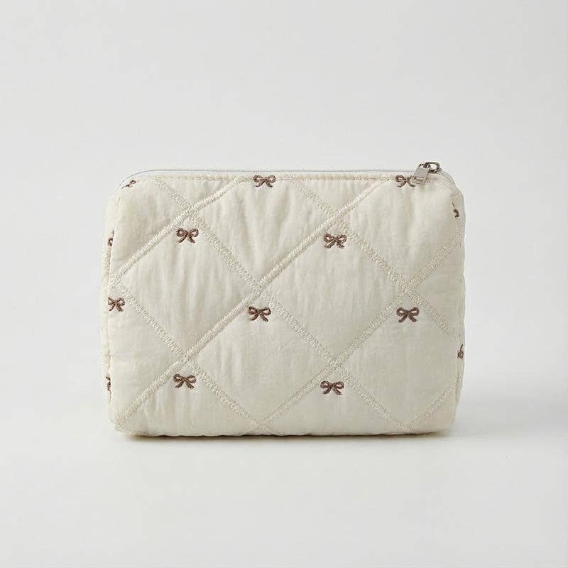 Quilted Bow Embroidery Cosmetic Bag