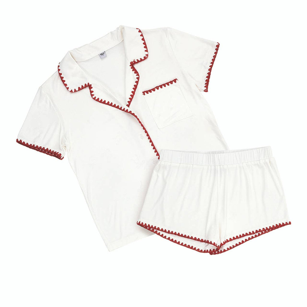 Short Bamboo PJ Set - White + Burgundy Whip Stitch