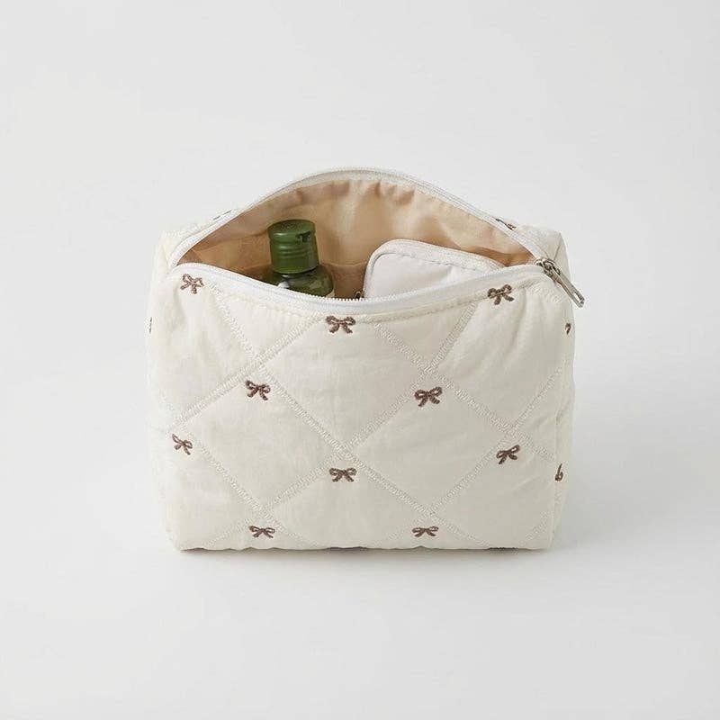 Quilted Bow Embroidery Cosmetic Bag